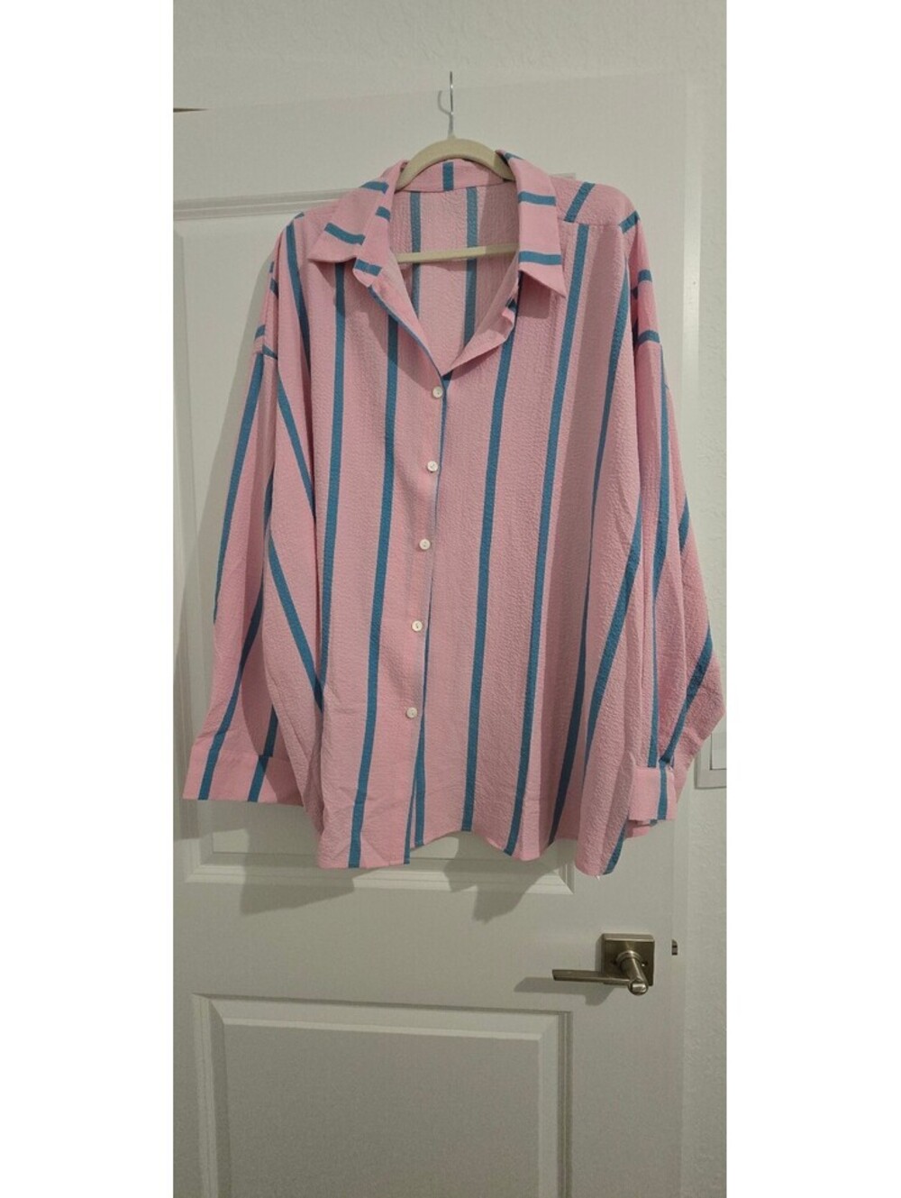 Women's Pink and Blue Striped Button-Up Shirt 5XL